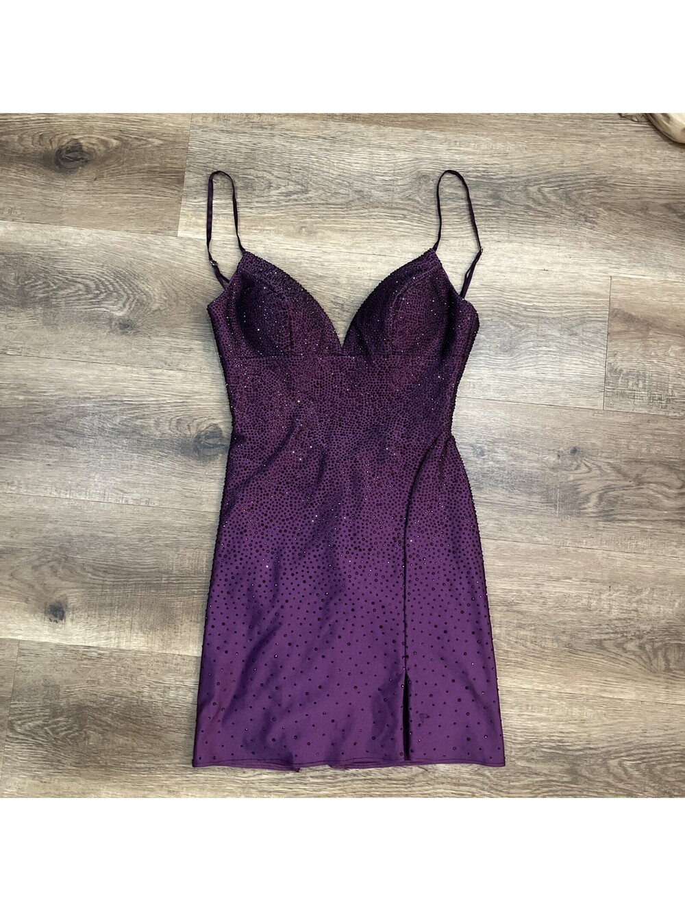 Sherri Hill Purple Satin Rhinestone Embellished Spaghetti Strap Dress